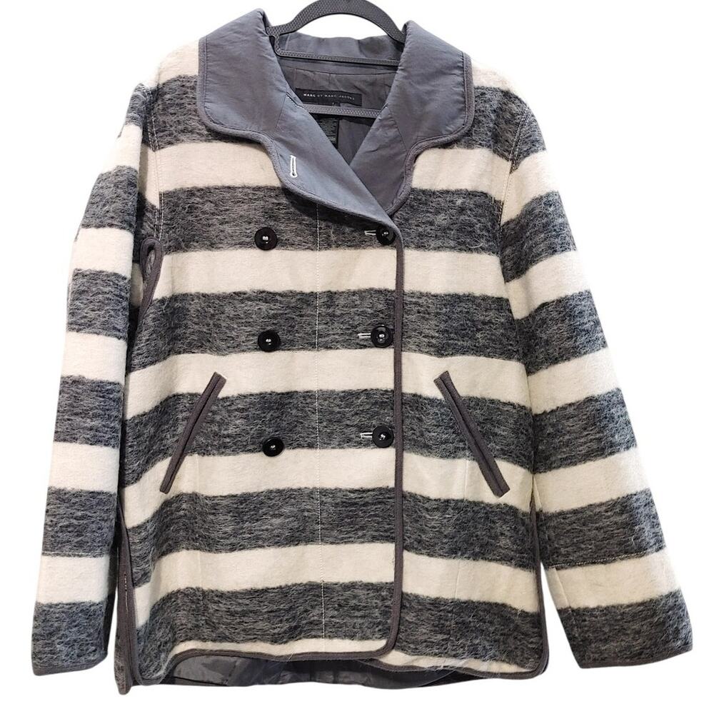 Marc by Marc Jacobs Border Alpaca Mohair Striped Double Breasted P Coat Women L